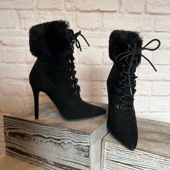 Qupid Lace-up Faux Fur Suede Booties - Picture 1 of 6